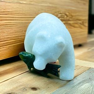 Canadian Wildlife White Marble Sculpture Polar Bear Jade Fish Carving Art IOB